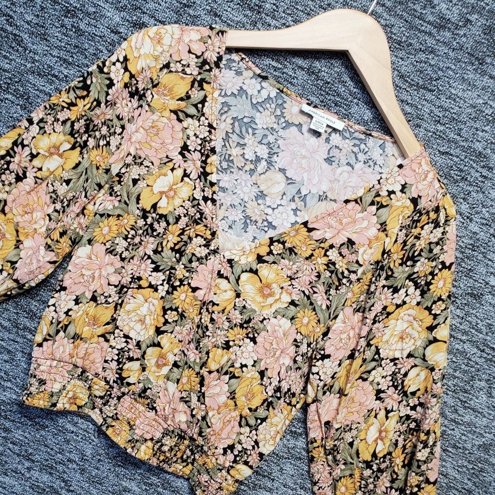 American Eagle Floral Smocked Waist Surplice Faux Wrap Top Womens S Pink Boho